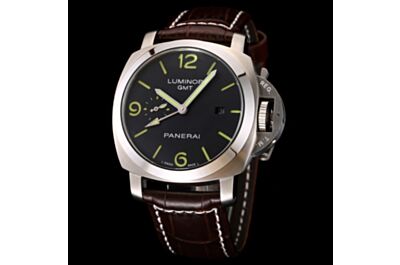  Panerai Luminor GMT Stainless Steel Case Brown Leather Strap Black Dial Small Seconds Date Window Watch