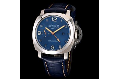 Panerai Luminor GMT Blue Dial Arabic Numerals Hour Markers Gold Luminous Hands Date Watch
