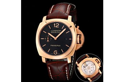 Luxury  Panerai Luminous Marina Rose Gold Case Black Dial Small Second Date Brown Strap Watch