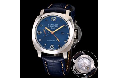 Panerai Luminor GMT Blue Dial Stainless Steel Case Arabic Numerals Hour Markers Date Small Seconds Blue Strap Watch
