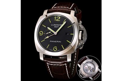 Perfect Panerai Luminor GMT Black Dial Date Small Seconds Transparent Back Cover Brown Strap Watch