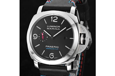  Panerai Luminous Marina Stainless Steel Case Black Dial Red Blue Coil Black Strap Date Small Seconds Watch