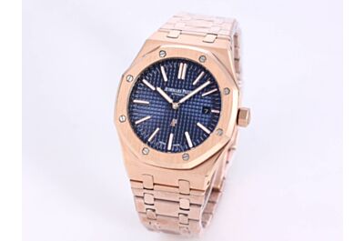  AP Royal Oak Blue Grande Tapisserie Dial Rose Gold Octagon Bezel And Strap Date Two-Hand Watch 