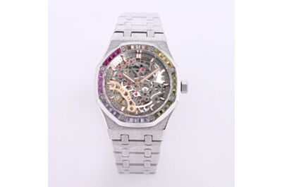 AP Royal Oak Watch Diamond Dial Sticks Markers Three Counters Octagonal Bezel Silver Frosted Case Strap