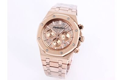 AP Royal Oak Diamond Dial Hours, Minutes And Seconds Counters Date Rose Gold Frosted Case Strap Watch