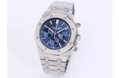  AP Royal Oak Watch Blue Grande Tapisserie Dial Hours Minutes Seconds Counters Date Silver Frosted Case Strap