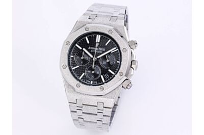 AP Royal Oak Watch Black Grande Tapisserie Dial Hours Minutes Seconds Counters Date Silver Frosted Case Strap