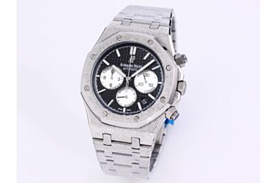 High End AP Royal Oak Watch Black Grande Tapisserie Dial White Counters Date Applied Markers Silver Frosted Case Strap