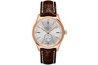  Breitling Premier Rose Gold Case Silver Dial Second Subdial Minute Track Brown Leather Strap Watch R37340351G1P1
