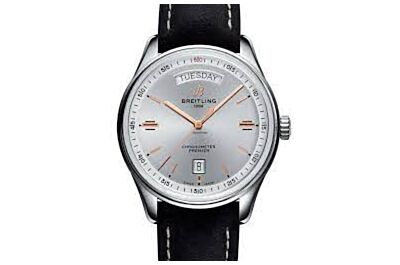 Breitling Premier Silver Dial White Minute Track Black Leather Strap Date Window Watch A45340211G1X1