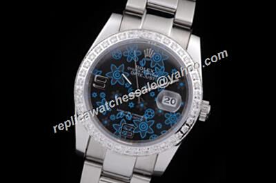 Rolex Pearlmaster Style Blue Floral Motif Lady Diamond Datejust  Black Face Watch