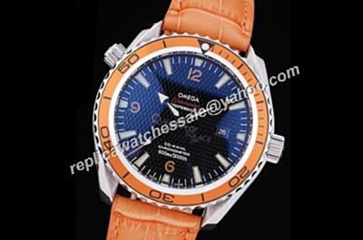 Mens Omega Seamaster Co-axial 600m/2000ft Blue Dial Orange Leather Strap Watch 