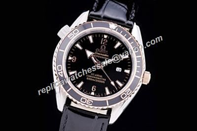 Omega Seamaster 600m White Gold Case Black Bezel Leather Strap Watch