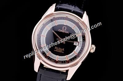 Gents Omega Deville Hour Vision  Rose Gold 41mm Black Leather Strap Date Watch 