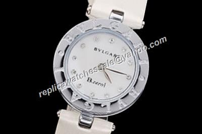 Bvlgari B.Zero1 Silver Steel White  Leather Strap Diamond Scale Watch 