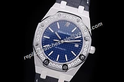Audemars Piguet Royal OAK Diamonds Blue Face Leather Strap 33mm Watch 
