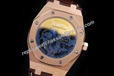Audemars Piguet Skeleton 2-Tone Royal OAK Rose Gold 37MM Brown Strap Date Watch 