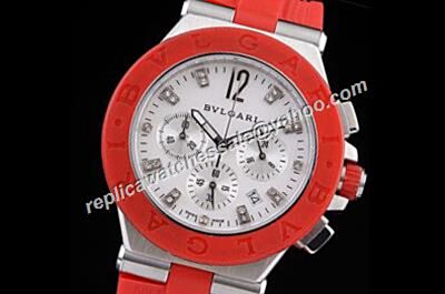 Bvlgari Diagono Chronograph Red Bezel Silver Diamond Markers Watch 