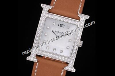 Hermes Heure H 18k White Gold Diamond Bezel 26mm Silver Face Quartz Watch 