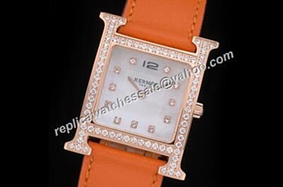 Hermes Heure H 18K Rose Gold Case Ladies Diamonds Bezel Watch  