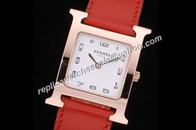 Hermes Heure H Ref W036811WW00 Rose Gold  Red Leather Quartz Watch 