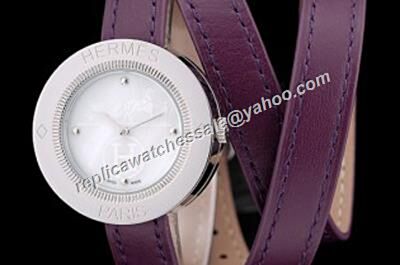Ladies Hermes Passe Passe Purple Leather Strap Clone White Watch 
