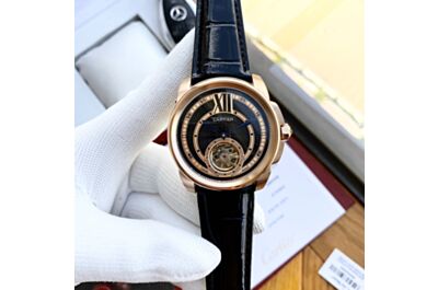 Best Calibre De Cartier Flying Tourbillon Watch Black Dial Stainless Rose Gold  Case Skeleton Subdial 
