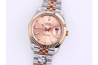 Classic Rolex Oyster Perpetual Datejust Rose Gold Dial Rod Hour Markers Pit Pattern Bezel Watch 126334