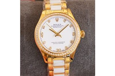 Luxury Fashion Copy Rolex Diamond Bezel White Dial Stainless Steel Ceramic Strap Girl Watch Best Gift