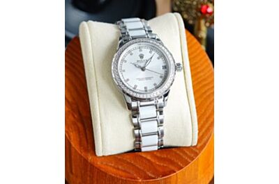 Fashion Rolex Datejust Swarovski Trapezoidal Diamond Bezel High-End Mother-Of-Pearl Dial Silver White Ceramic Strap Watch 
