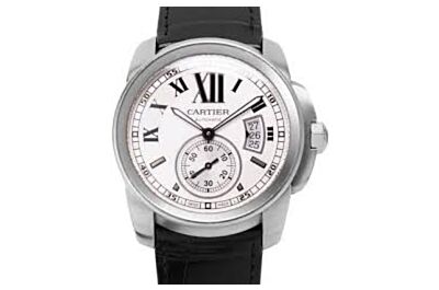 Calibre De Cartier Automatic Date White Dial Roman Marker Subdial Black Leather Strap Watch 