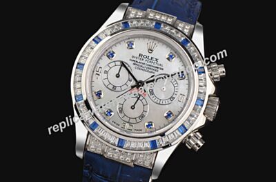 Rolex Duplicated 40mm Blue Leather Band Swiss Made Daytona Diamonds Silver SS Watch LLS391
