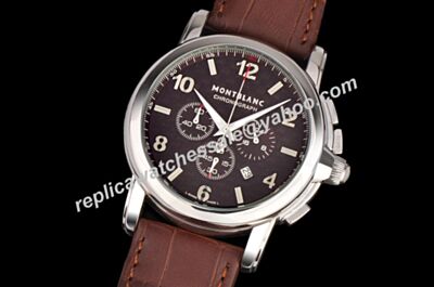 UK Montblanc Chronograph Star Silver  Bezel   Brown Leather Strap  Watch